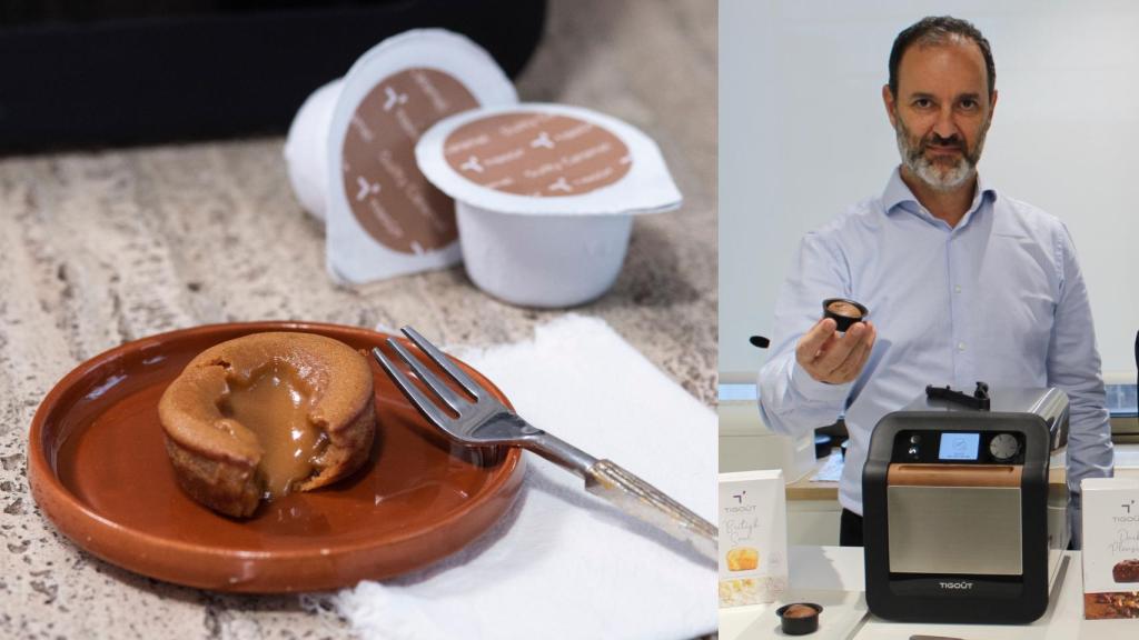A la izquierda, uno de los pasteles de Tigoût junto a sus cápsulas y, a la derecha, Rodrigo Córdoba y el dispositivo.