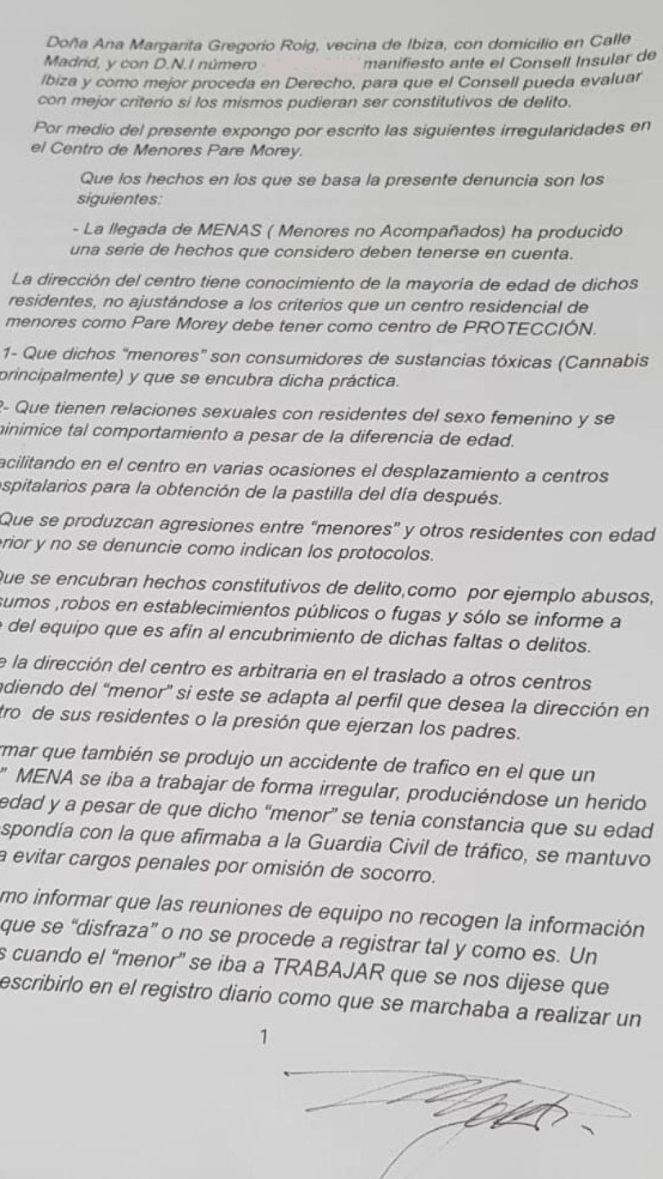La denuncia que Ana Gregorio dirigió en mayo de 2019 al Consell de Ibiza.