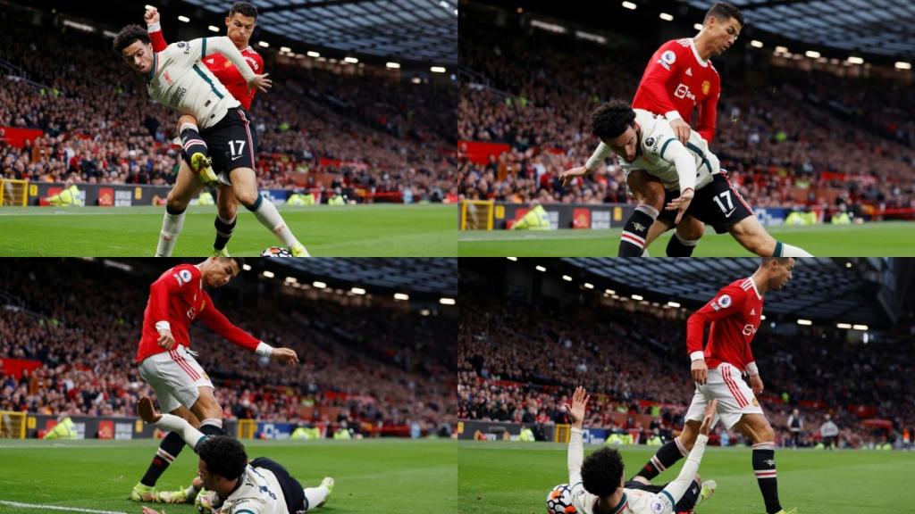La acción de Cristiano Ronaldo con Curtis Jones, en un fotomontaje