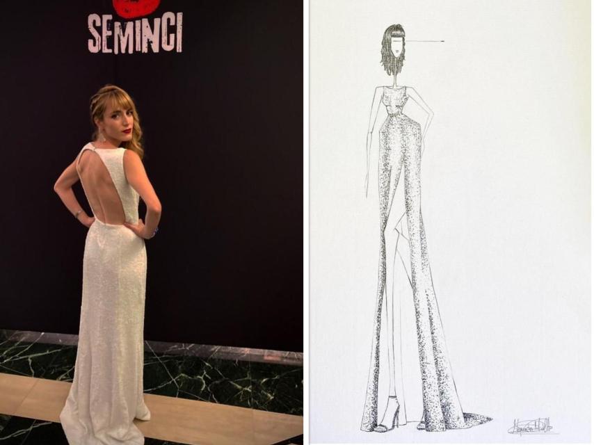 María Silvia Esteve con el vestido de Alejandro Maíllo y el dibujo del diseño