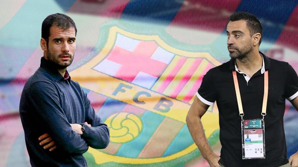 Montaje fotográfico de Guardiola y Xavi Hernández con el escudo del Barça
