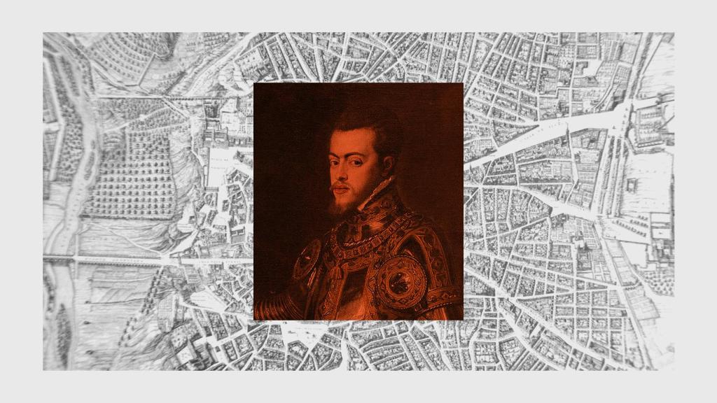 Un retrato de Felipe II sobre un mapa antiguo de Madrid.