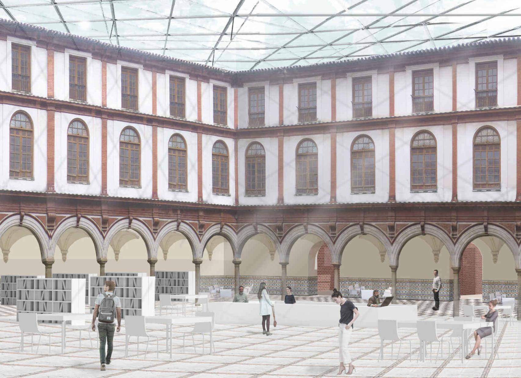 Cubierta acristalada para cerrar uno de los patios del edificio.