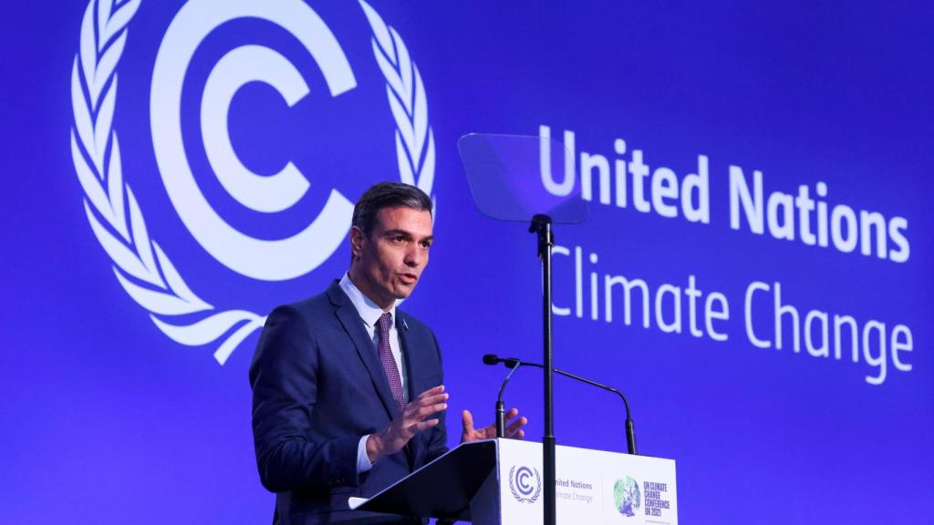 El presidente del Gobierno, Pedro Sánchez, durante su intervención en la cumbre del clima de Glasgow.