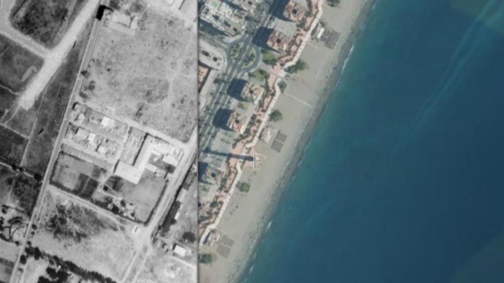 Ortofoto que compara la situación de 1977, con la fundición en funcionamiento, con la actual