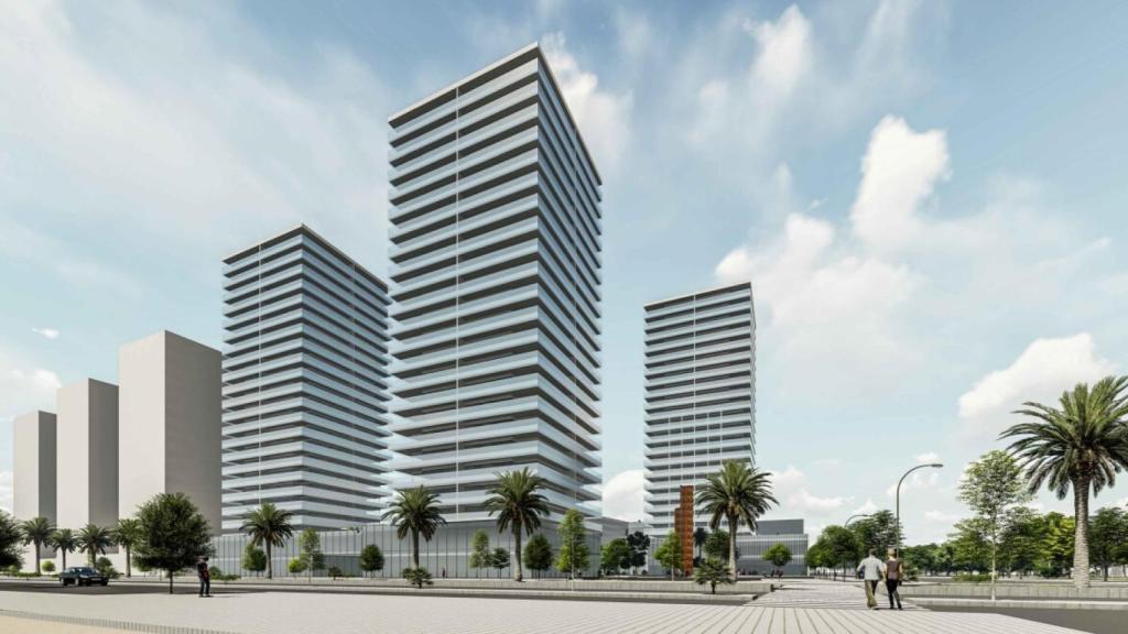 Imagen de las tres torres proyectadas en el suelo de Nereo, en Málaga.