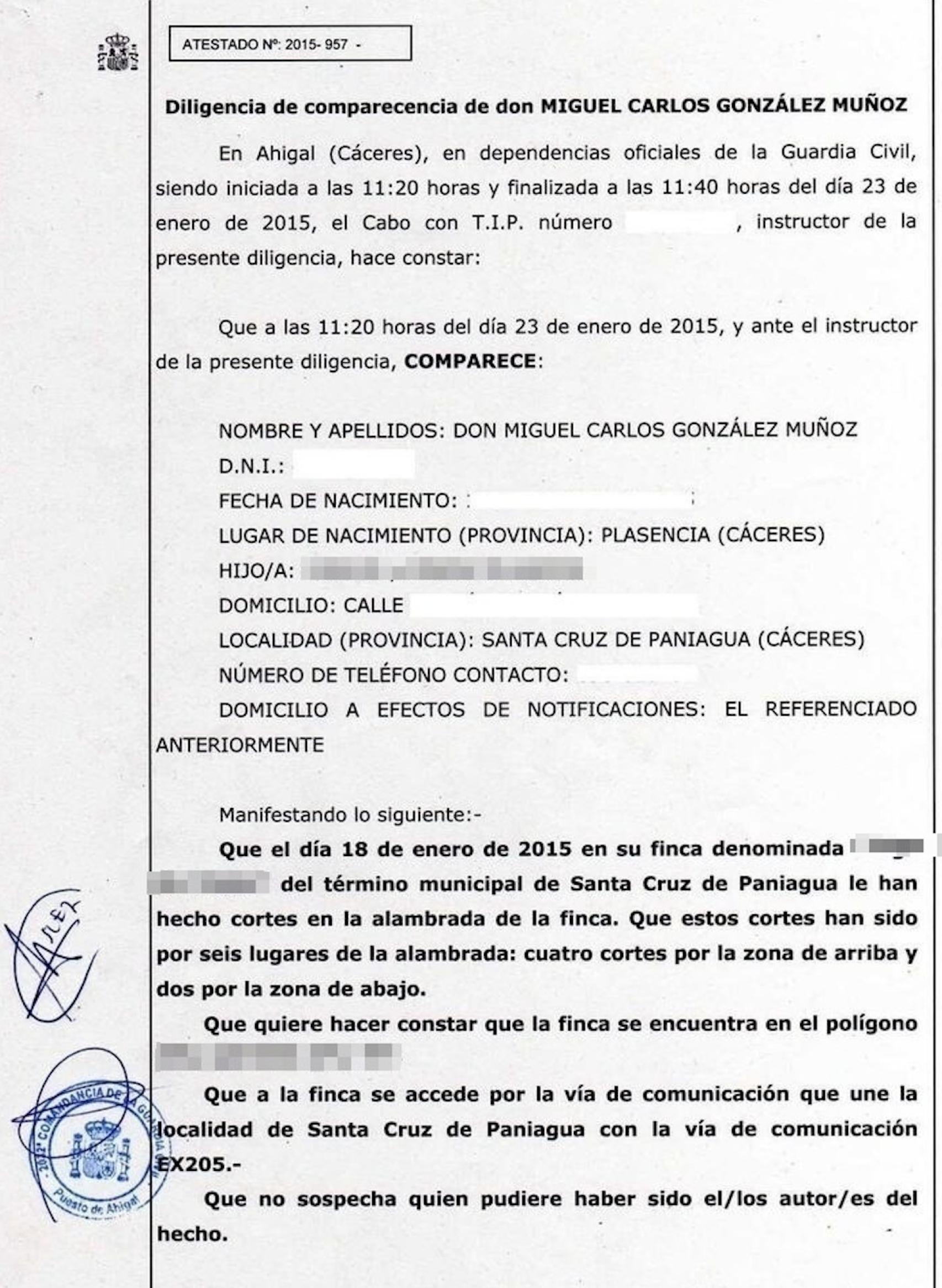 Denuncia de González ante la Guardia Civil.