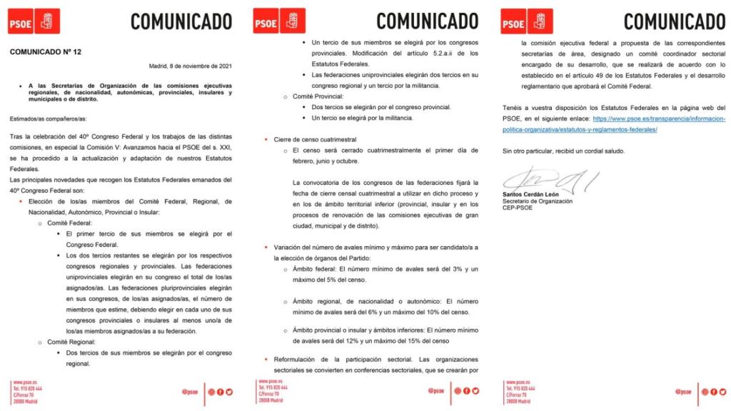 La nota difundida este lunes por el PSOE. EE