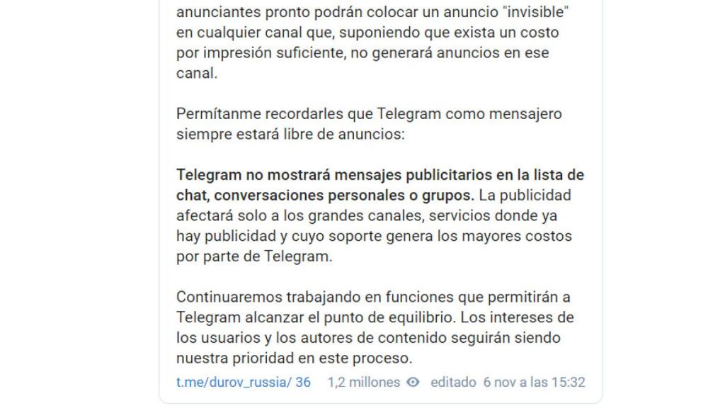 Final del mensaje de Pavel Durov en Telegram