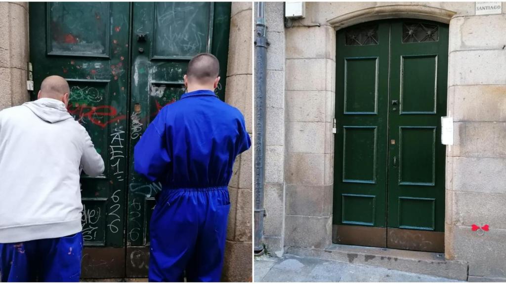 El durante y el después de la limpieza de una pintada.