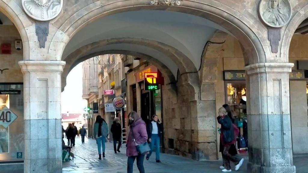 Medallones dedicados a Miguel de Cervantes y Santa Teresa de Jesús en el Pabellón de Petrineros de la Plaza Mayor