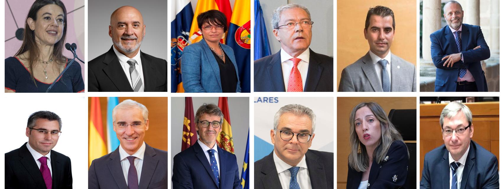 Los diez consejeros y dos directores generales que ya han confirmado su presencia en el foro (de izda. a dcha.): Carolina Pascual (C. Valenciana), Juan Cruz Cigudosa (Navarra),  Elena Máñez (Canarias), Rogelio Velasco (Andalucía),  Miquel Company (Baleares), Rafael España (Extremadura), José Ángel Lacalzada (La Rioja), Francisco Conde (Galicia), Luis Alberto Marín (Murcia), Carlos Izquierdo (Madrid), Blanca Ares (Castilla y León) y  Ricardo Cantabrana (Aragón).