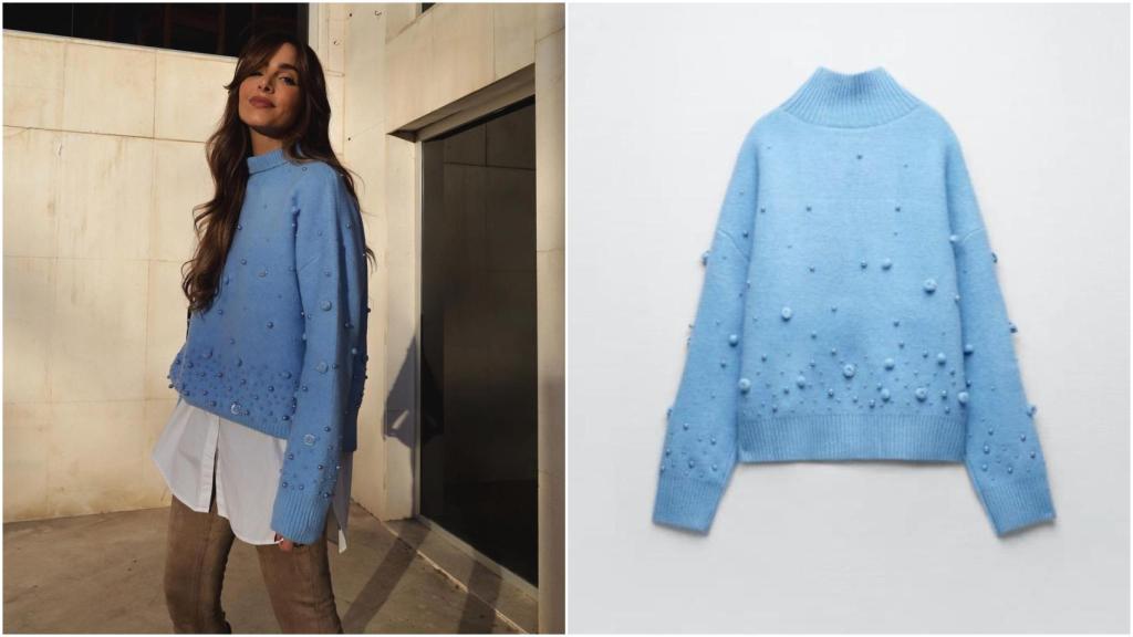 Rocío Osorno con jersey azul de lentejuelas y pompones de Zara.