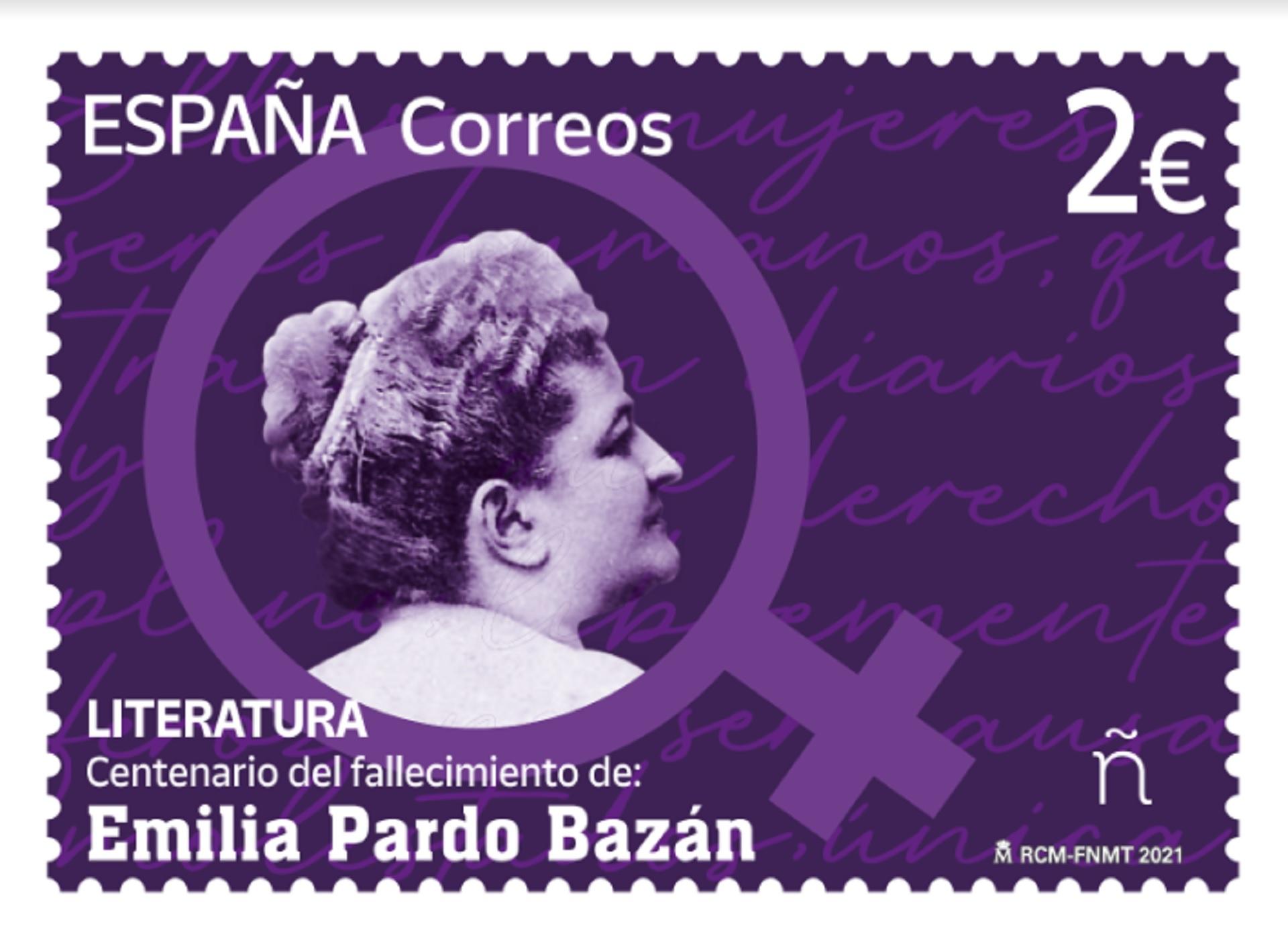 El sello conmemorativo del centenario de la muerte de Emilia Pardo Bazán (Correos).