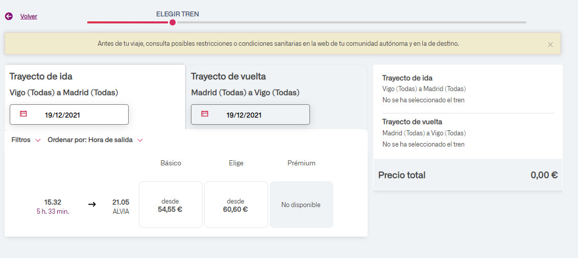Servicio de venta de la web de Renfe, con billetes disponibles hasta el domingo 19 de diciembre.