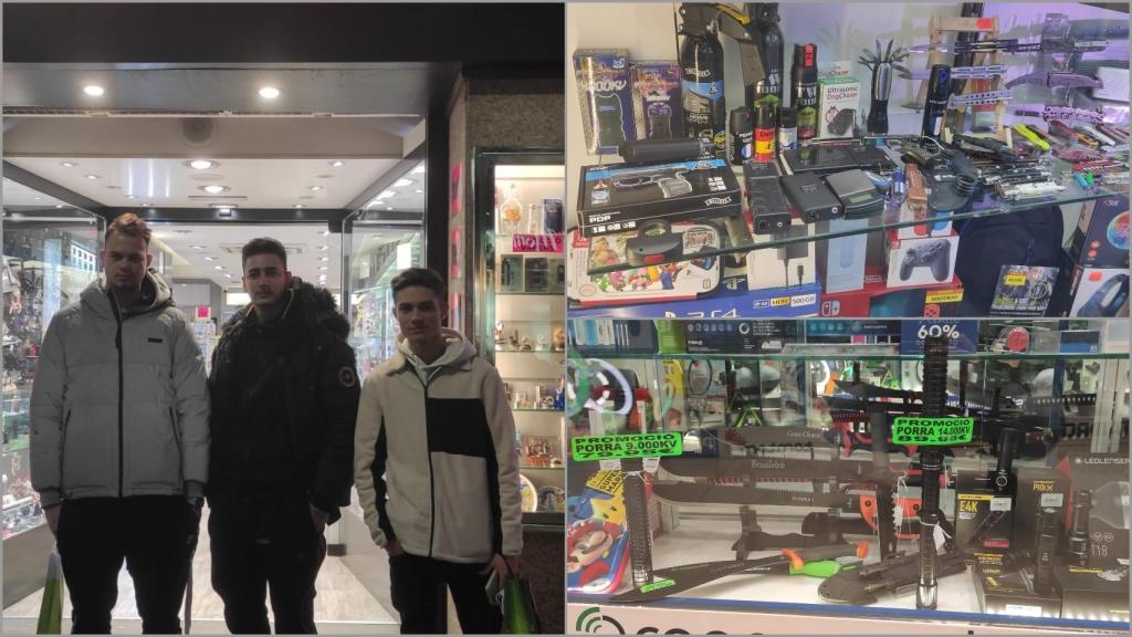 Lucas, Joanathan y Emanuel, delante de una tienda donde se compran defensas ilegales.