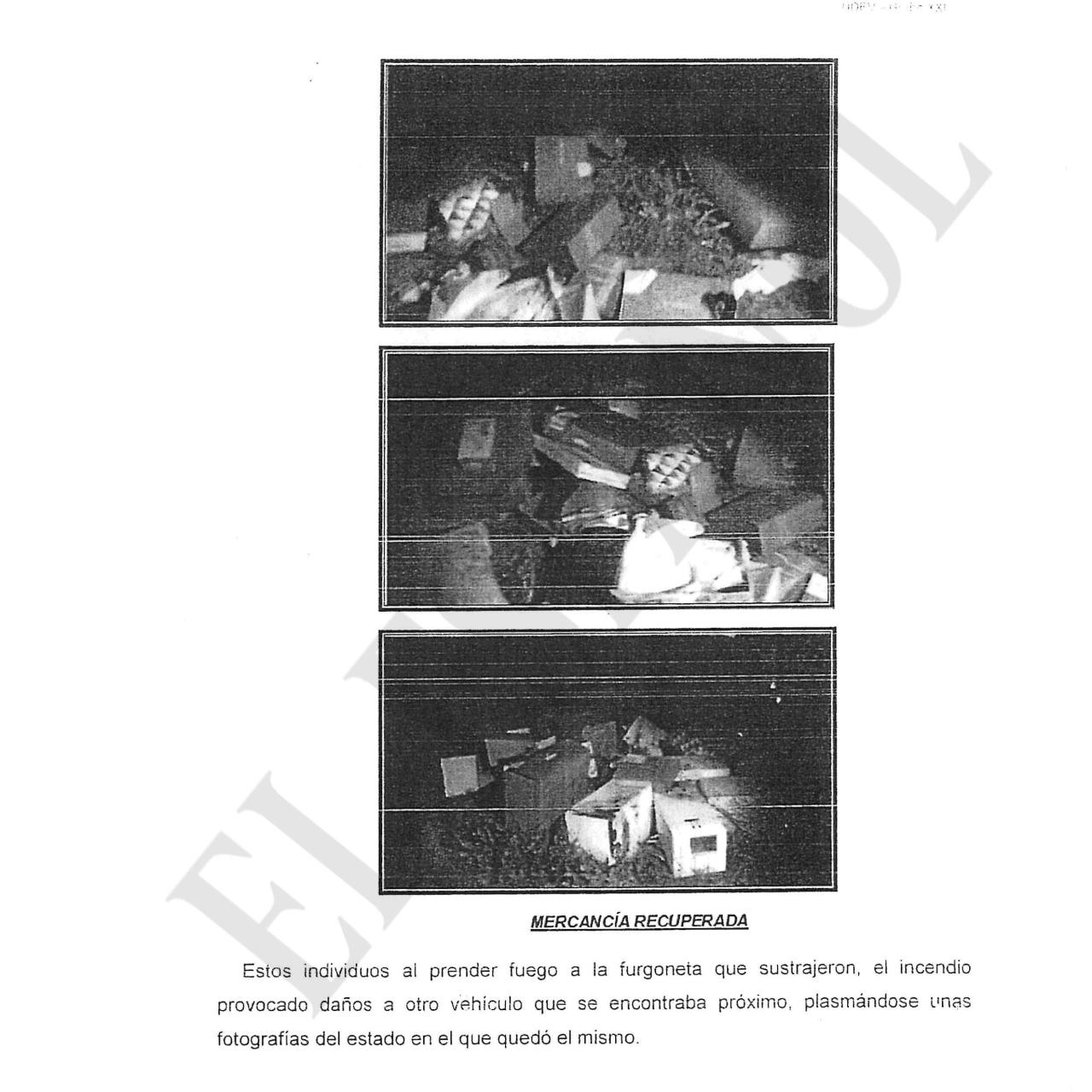 Fotos del atestado con los paquetes encontrados junto a la furgoneta quemada./