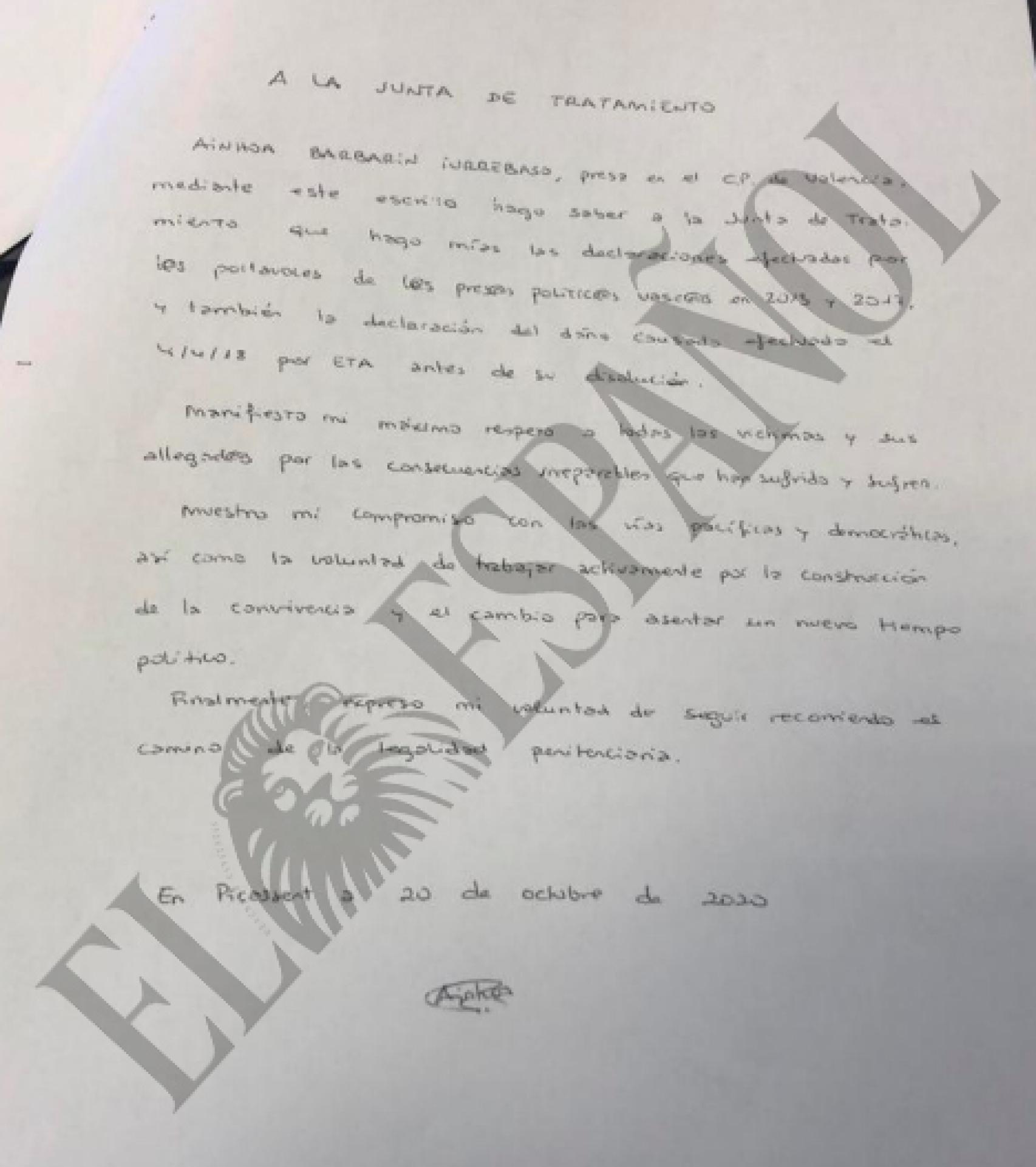 La carta íntegra dirigida a la Junta de Tratamiento de Picassent.