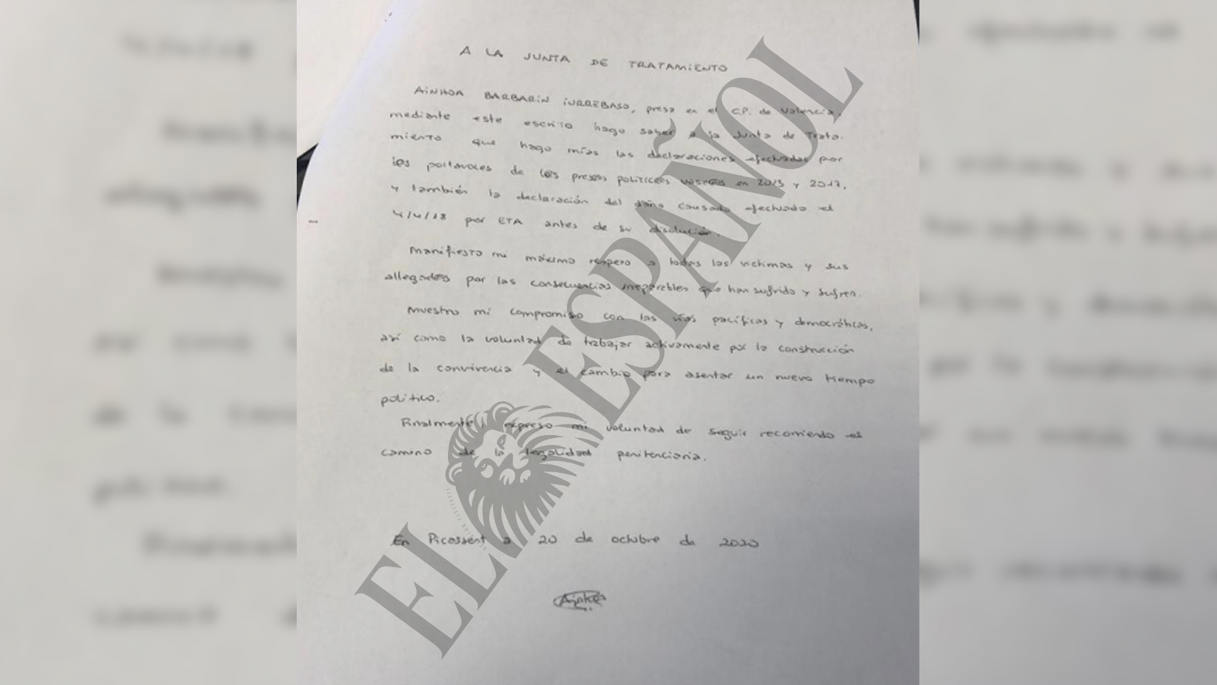 Una de las cartas tipo de arrepentimiento de los etarras.