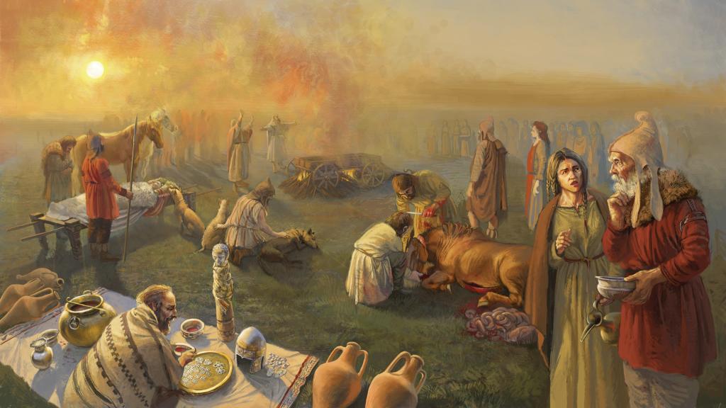 Ilustración que recrea el ritual funerario de un rey geta, inspirada en los descubrimientos de Peretu (Rumanía).