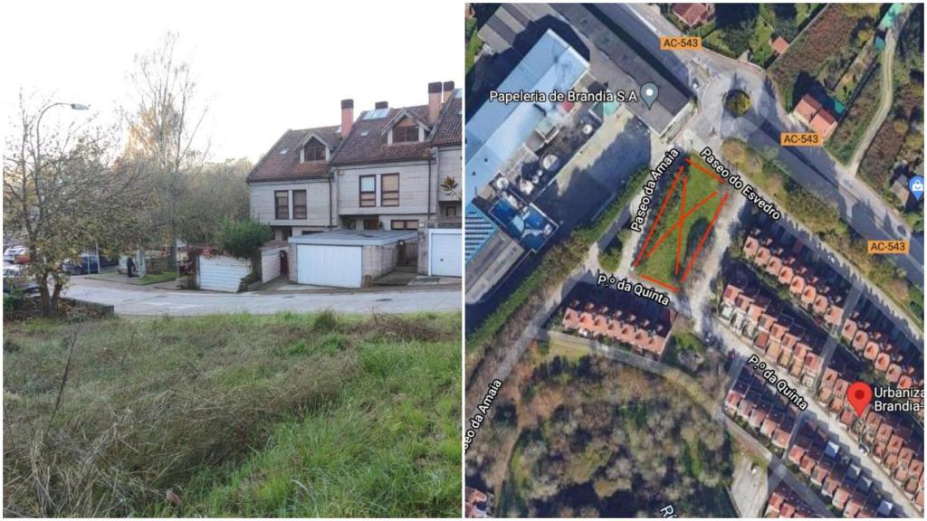 La parcela junto a las casas y su ubicación en el mapa.