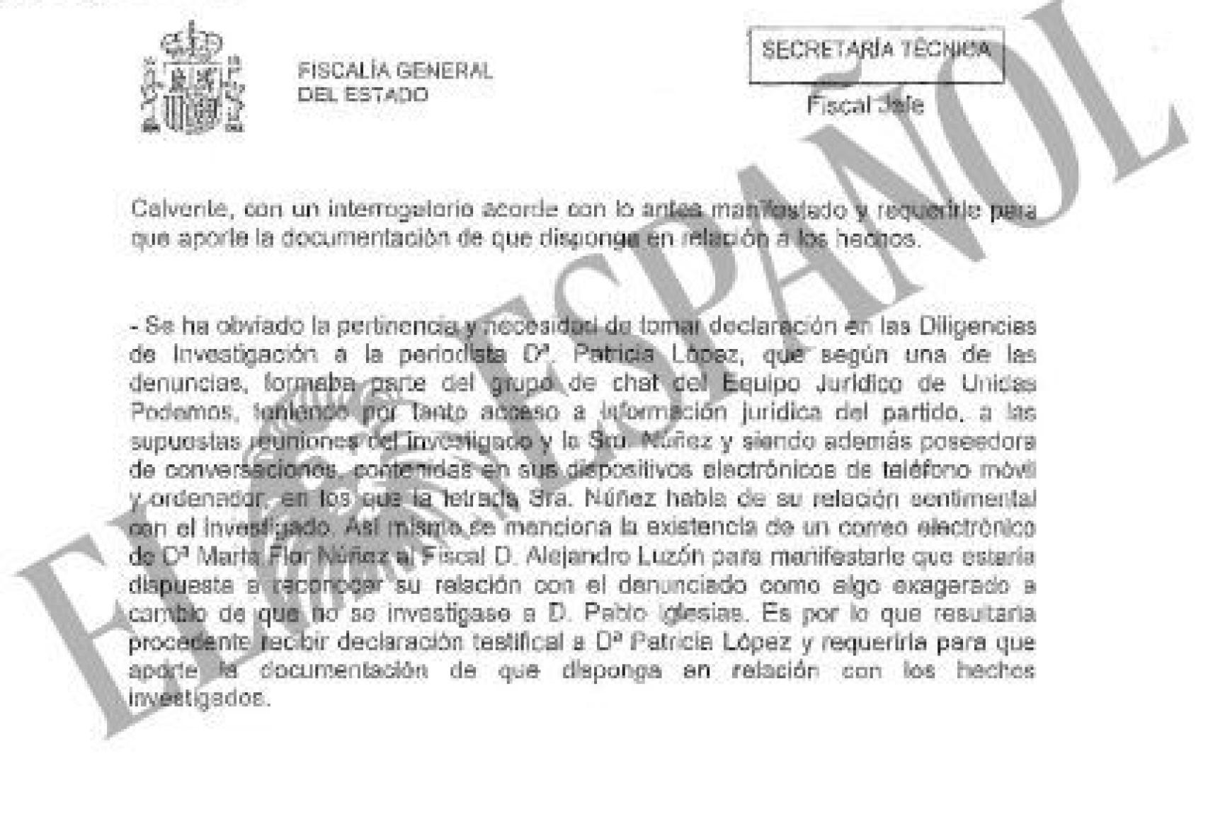 Escrito del jefe de la secretaría técnica de la fiscal general./