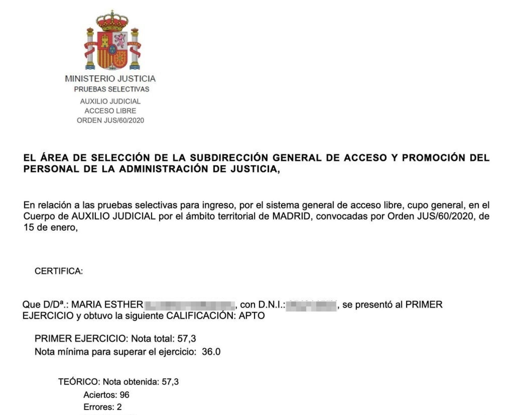 Resultados del primer ejercicio del examen de Esther.