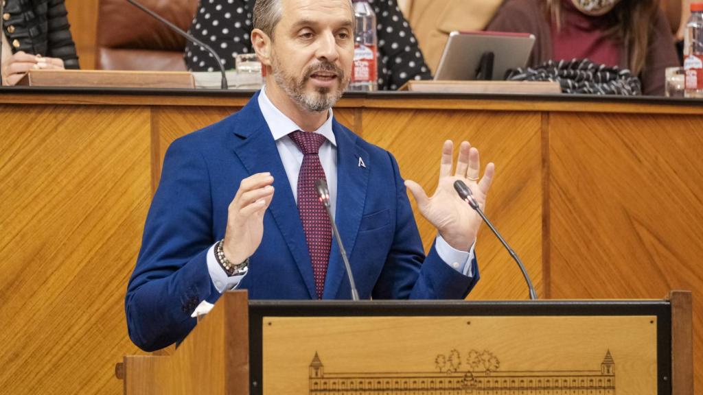 El consejero, Juan Bravo, durante su intervención en el pleno del parlamento andaluz.