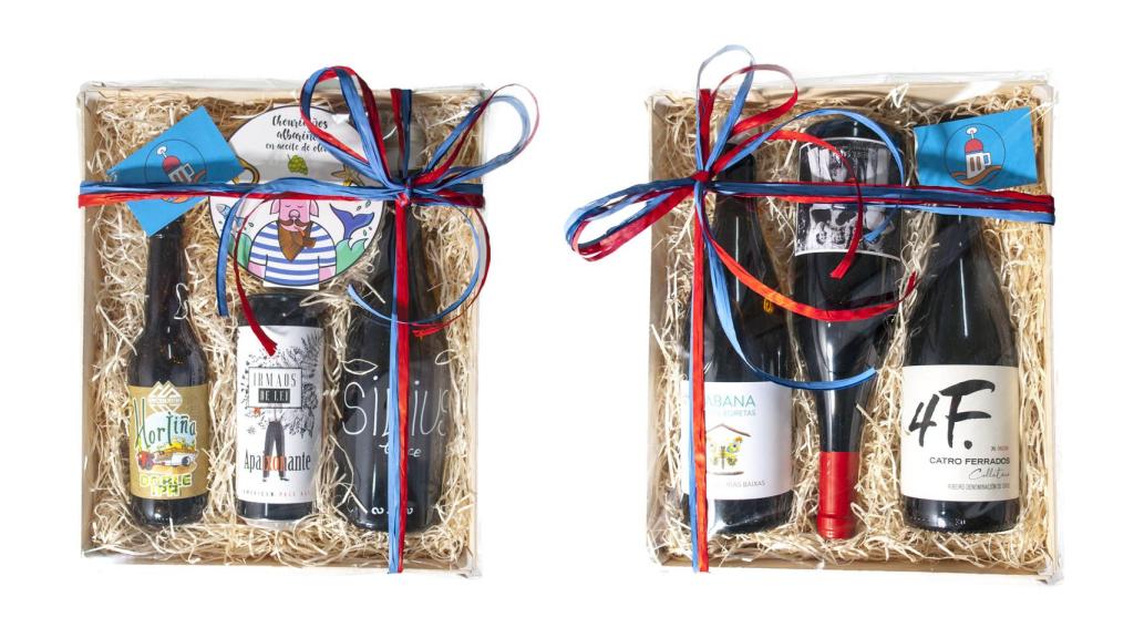 Una muestra de cestas de Los Maruxiños con bebidas artesanales.