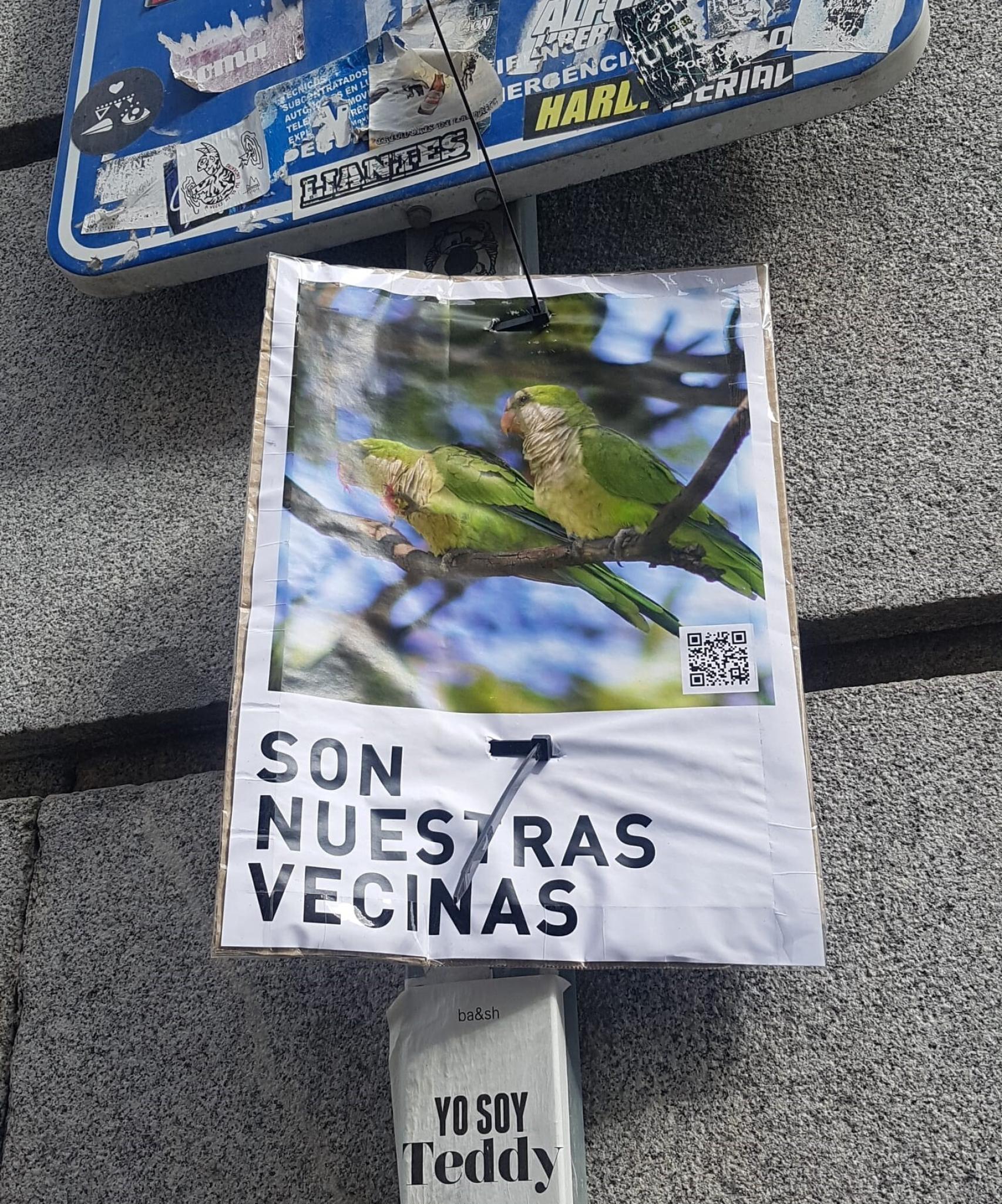 Un cartel, en contra del exterminio de las cotorras.