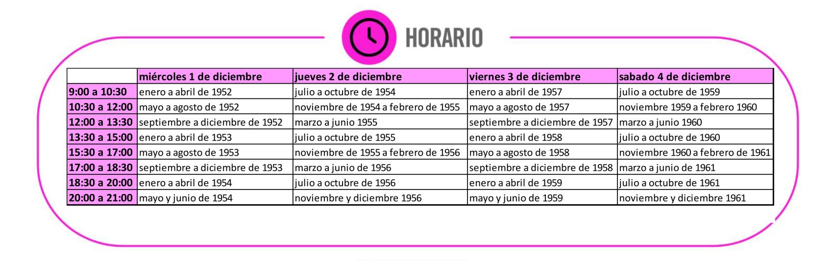 Horarios del 1 al 4 diciembre en Ifeza