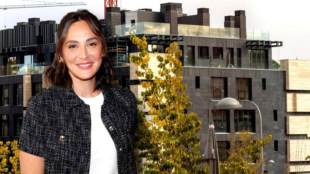 Tamara Falcó junto a su nuevo edificio, en un montaje de EL ESPAÑOL.