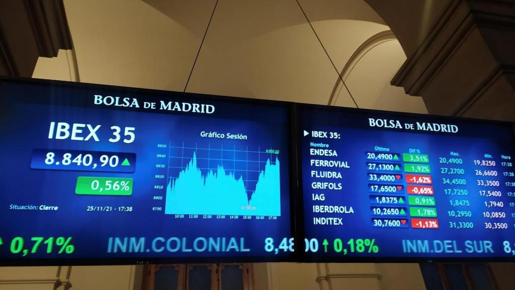 Pantallas de la Bolsa de Madrid con la evolución del Ibex este viernes.