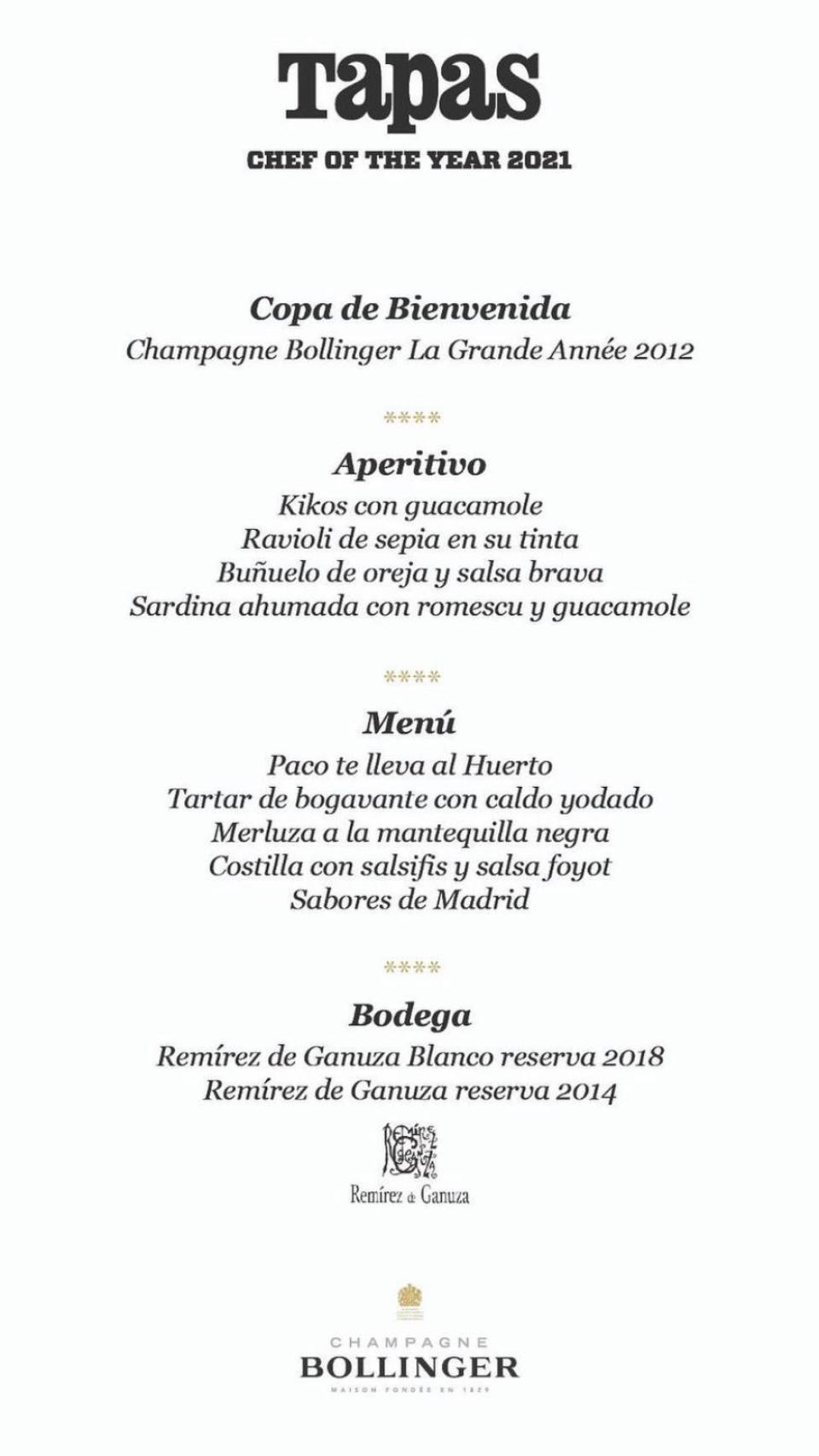 El menú de la noche a cargo de Paco Roncero.