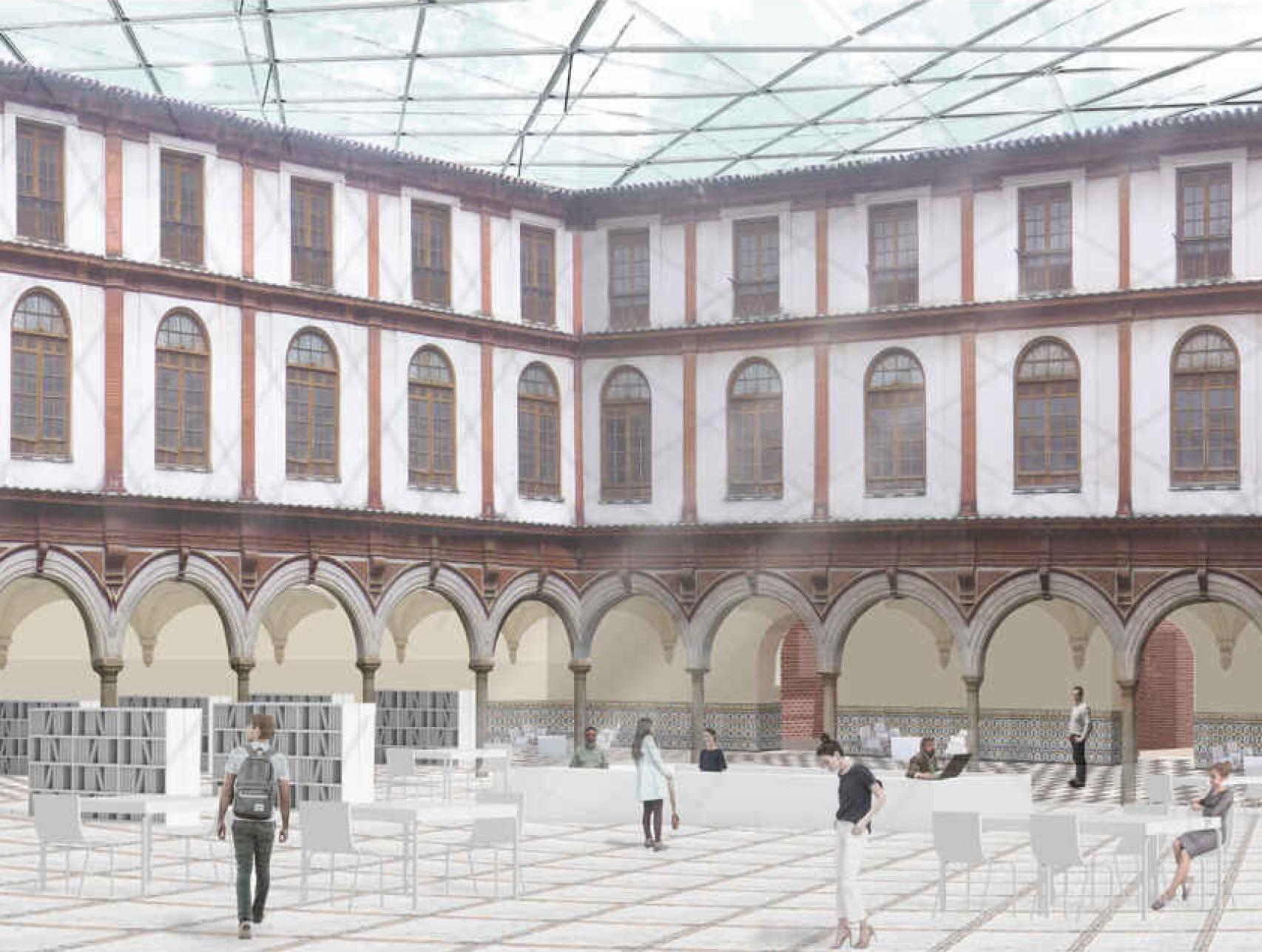 Imagen de la cubierta acristalada planteada en el patio principal.