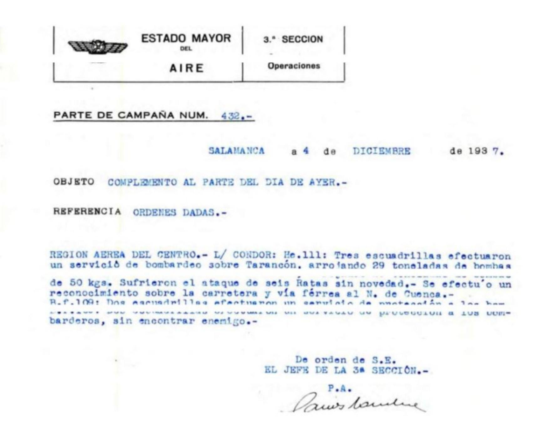 Parte de operaciones de la Legión Cóndor