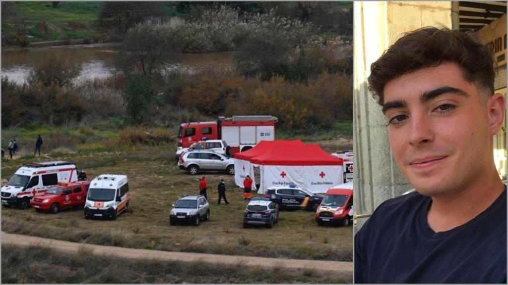 Una foto de Pablo Sierra junto a otra de la zona donde se le ha buscado en el Guadiana.