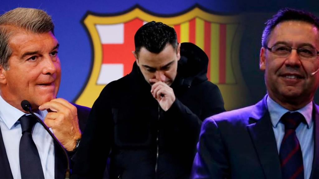 Joan Laporta, Xavi Hernández y Josep Maria Bartomeu, en un fotomontaje.