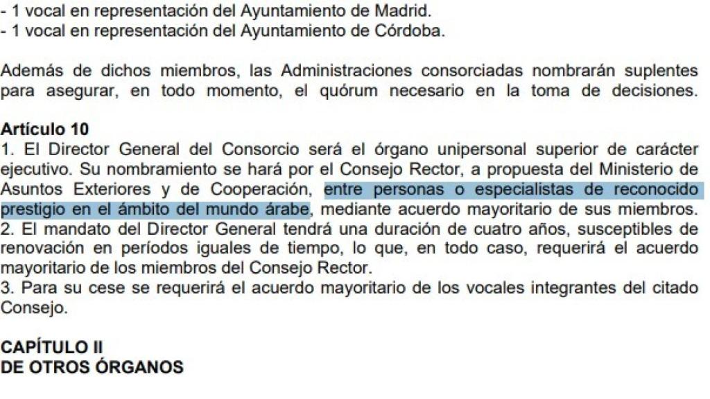 Estatutos de la Casa Árabe que obligan a que el director o directora general sea un especialista de prestigio en el mundo árabe.