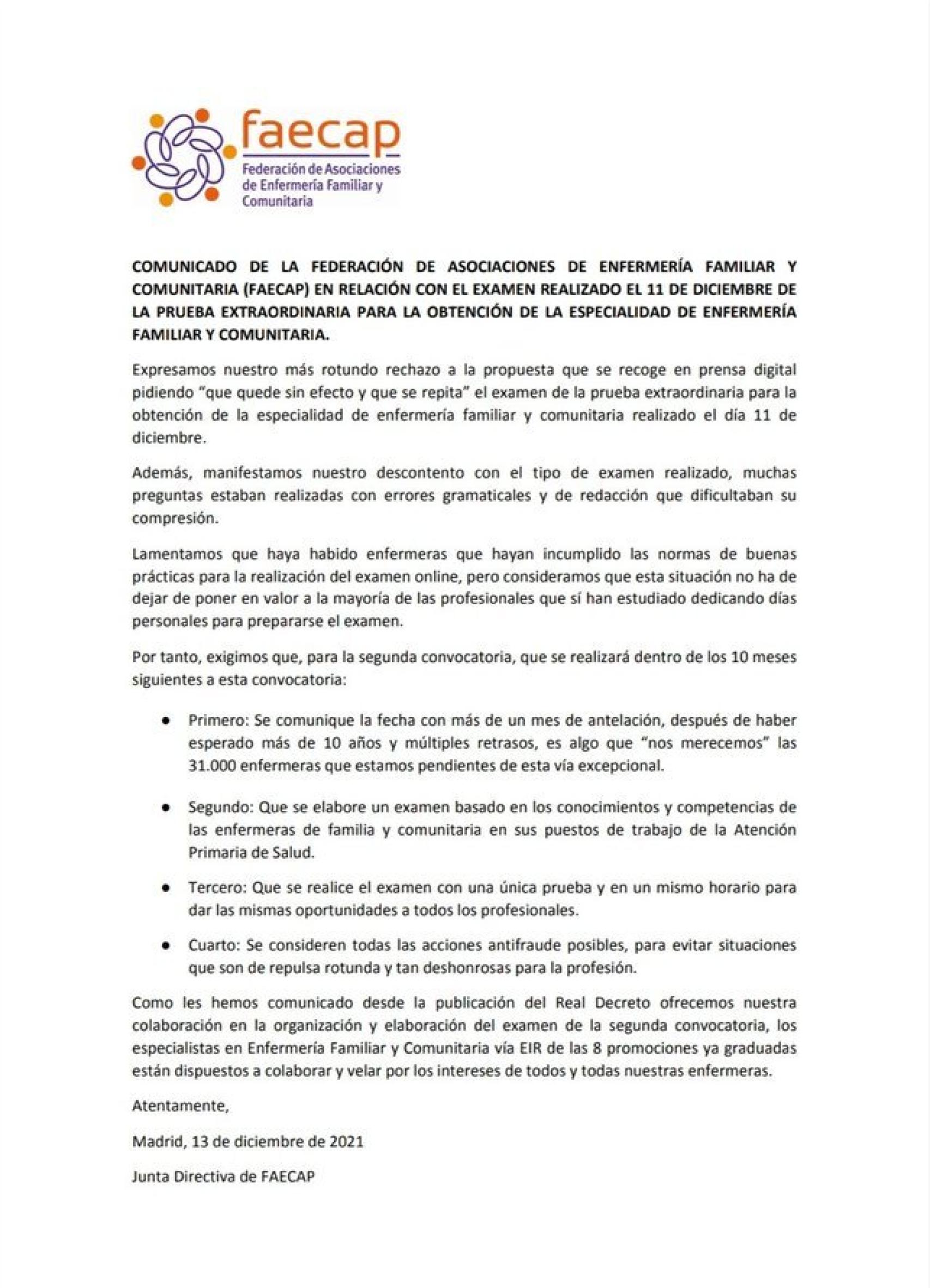 Comunicado emitido por FEACAP.