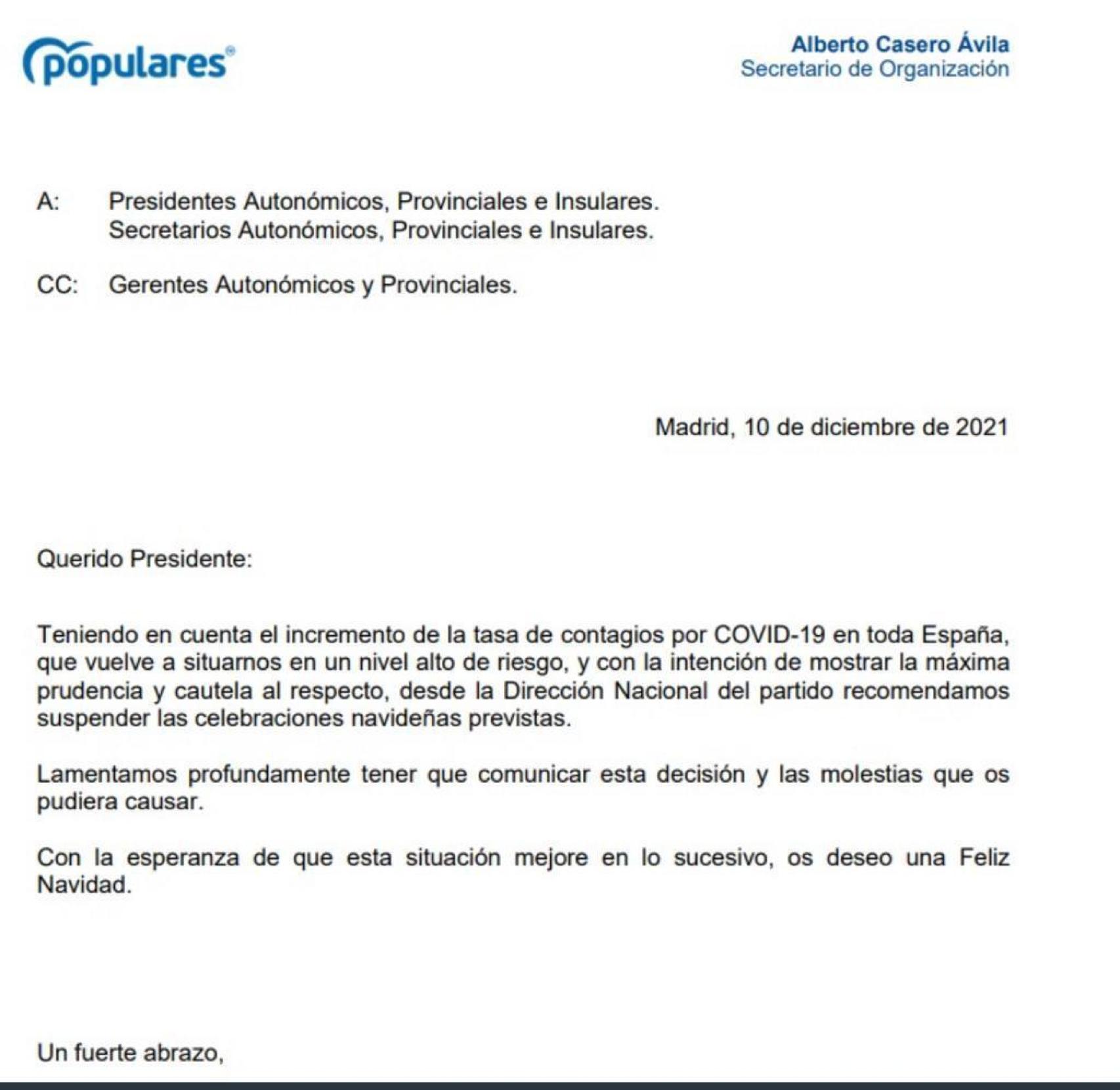 Orden de Génova (PP) para suspender las cenas de navidad por la Covid.