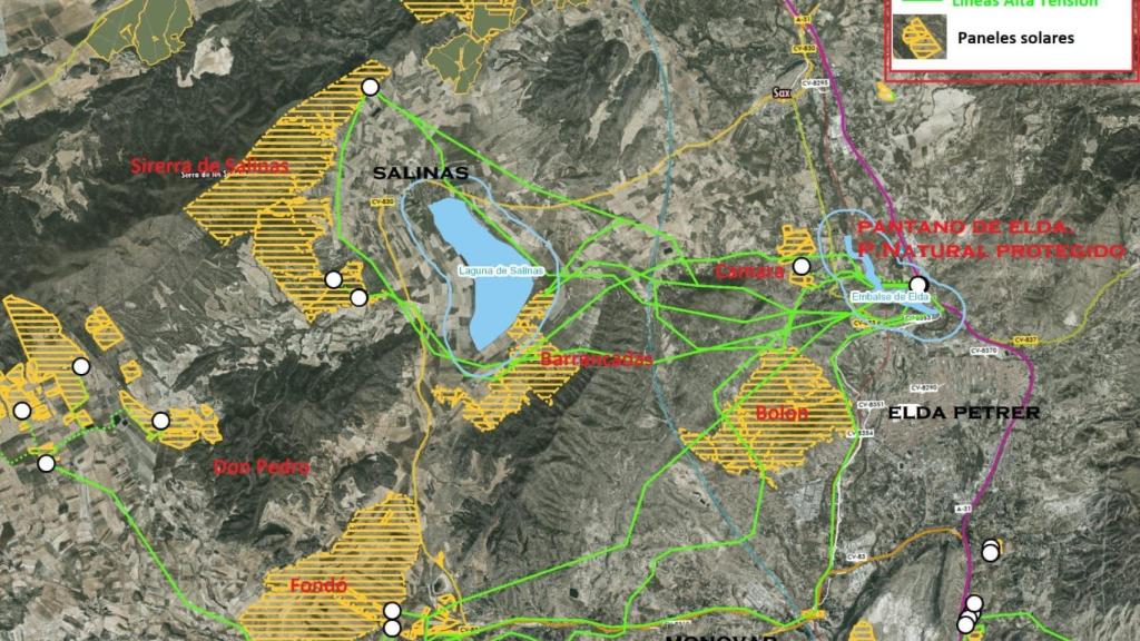 El visor cartográfico de los proyectos presentados para centrales solares y líneas eléctricas en la comarca del Medio Vinalopó.