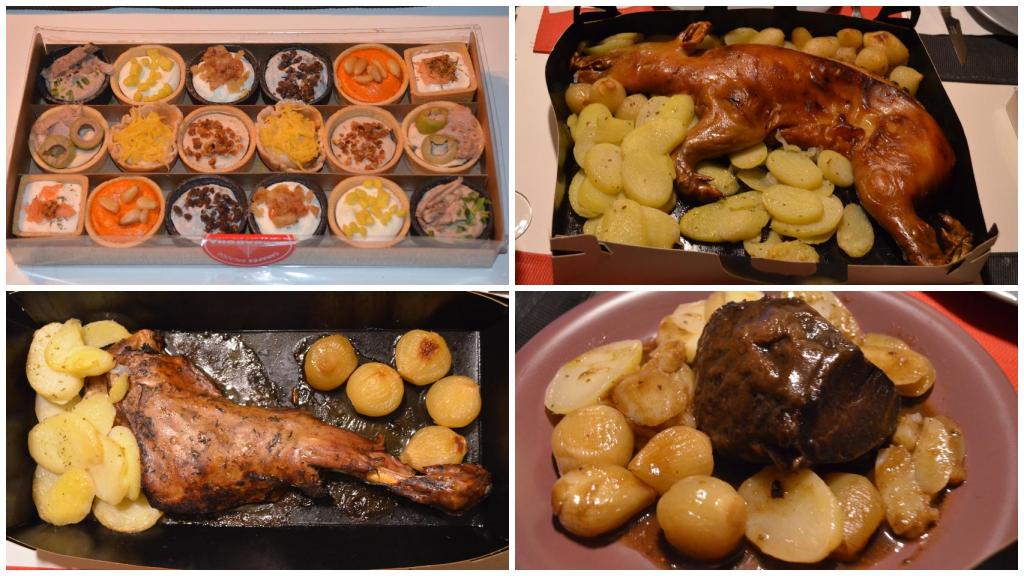 De arriba a abajo y de izquierda a derecha: los canapés, el cochinillo asado, la paletilla de lechal y la carrillada al vino tinto de Mercadona.