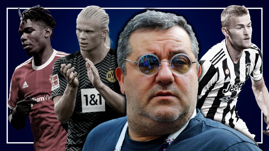 Mino Raiola, en un fotomontaje con Haaland, Pogba y De Ligt