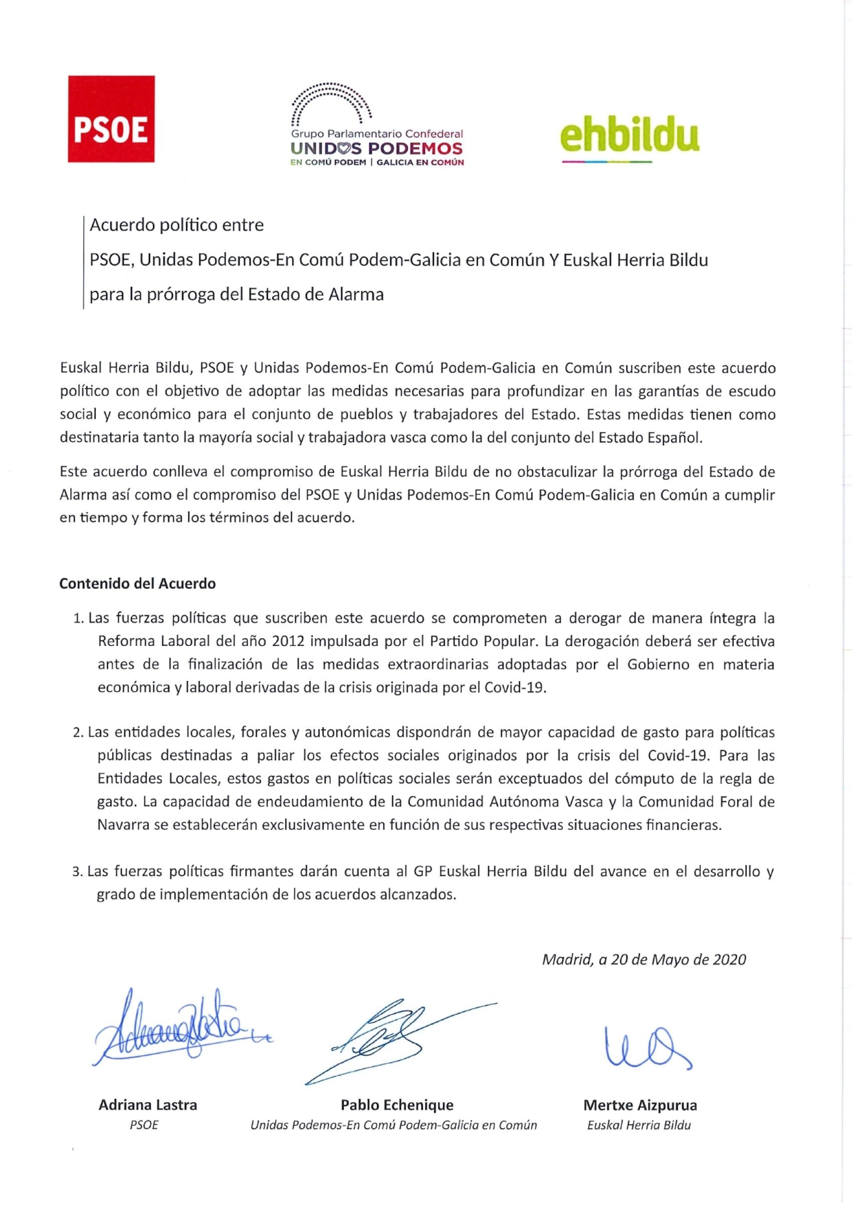 Acuerdo PSOE-Podemos-Bildu para derogar la reforma laboral del PP.