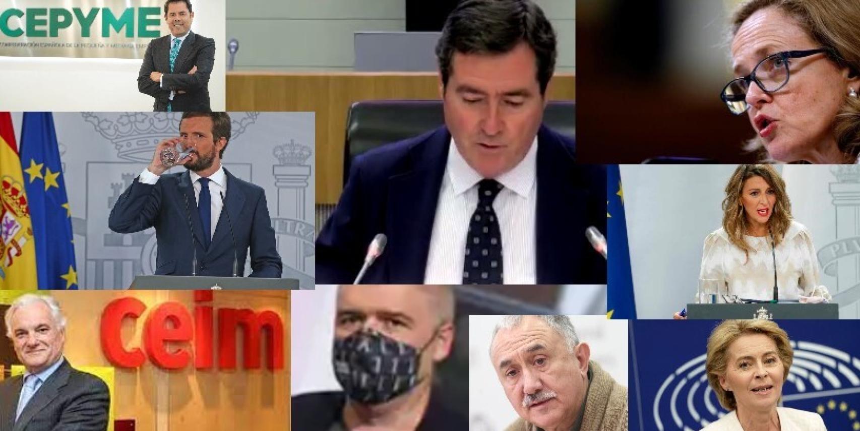 Gerardo Cuerva, Antonio Garamendi, Nadia Calviño, Pablo Casado, Yolanda Díaz, Miguel Garrido, Unai Sordo,  Pepe Álvarez y Ursula von der Leyen..