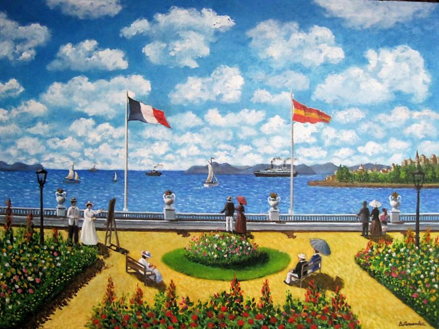 Tres cuadros al óleo de Benjamín Fernández de aire cinematográfico: 'El parque', 'El museo' y 'La bahía'.