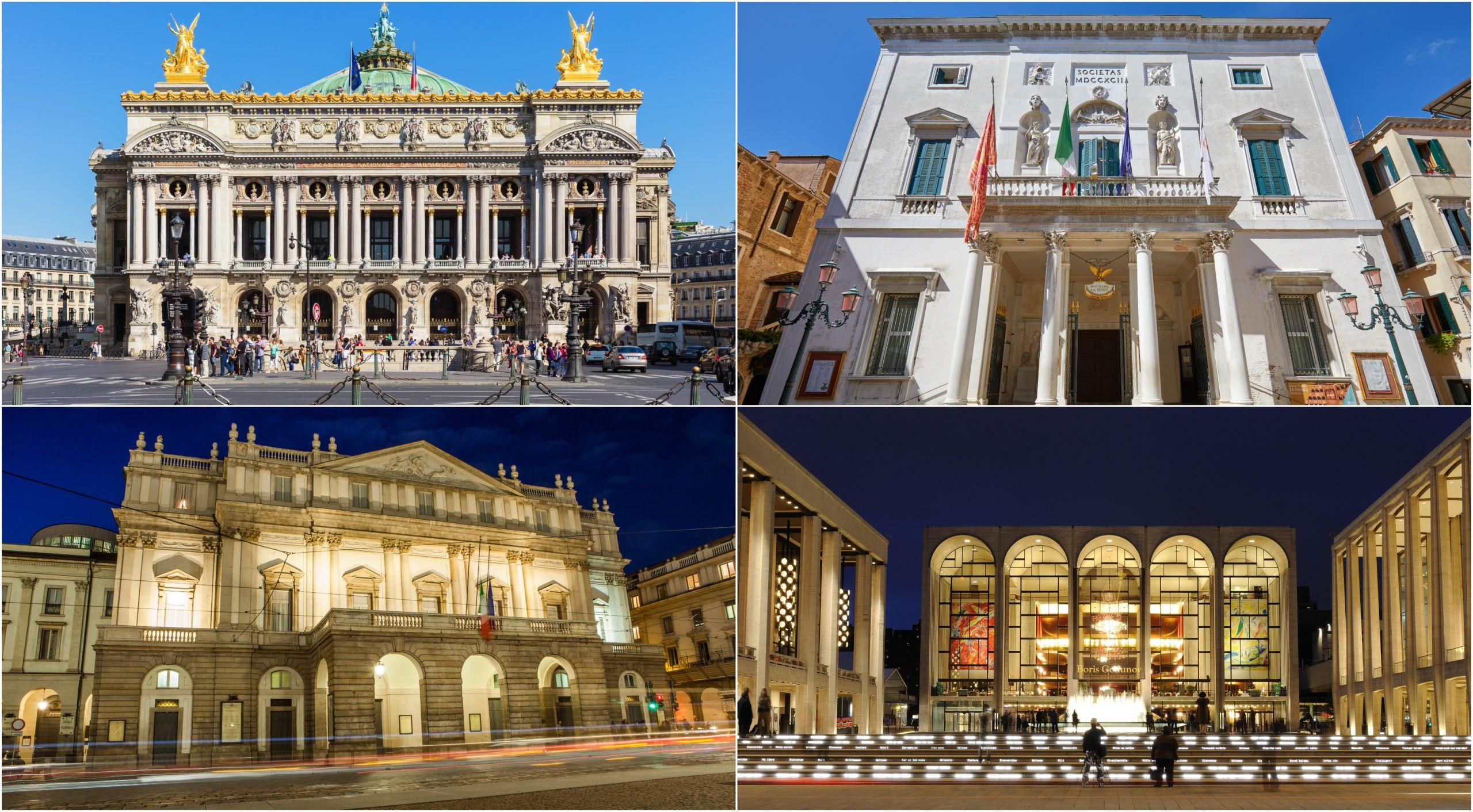 La ópera de París de Charles Garnier de estilo ecléctico (1875), la Fenice de Venecia, clásica y barroca (1792), la Scala de Milán, clásica (1778) o la Ópera Metropolitana de Nueva York, postmodernista.(Fuente: Shutterstock)