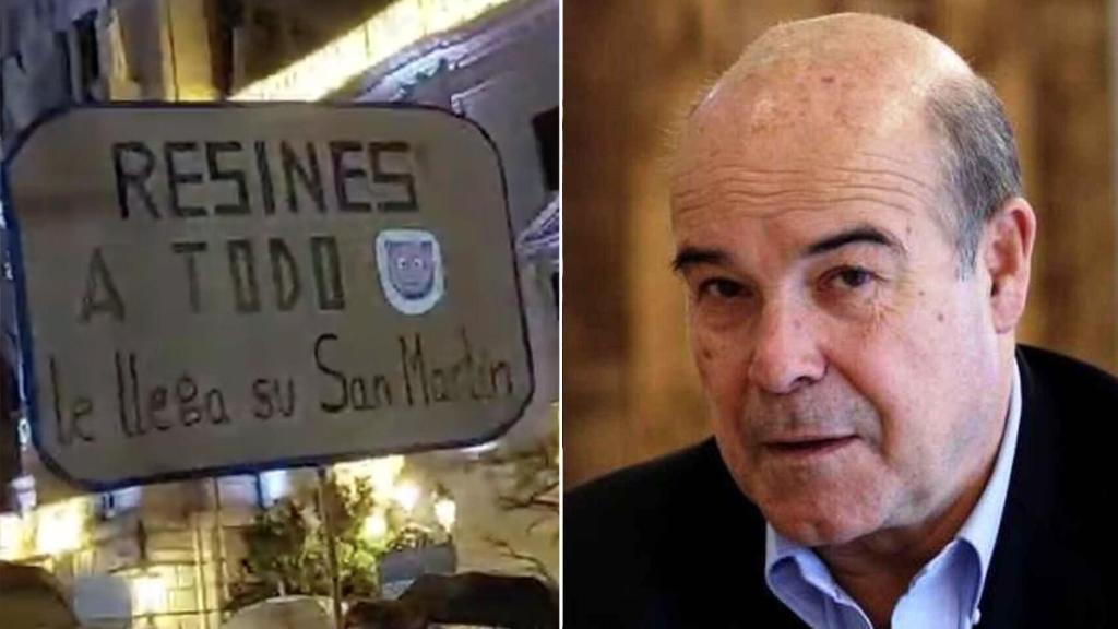 Fotomontaje de la pancarta junto a una imagen de Resines.