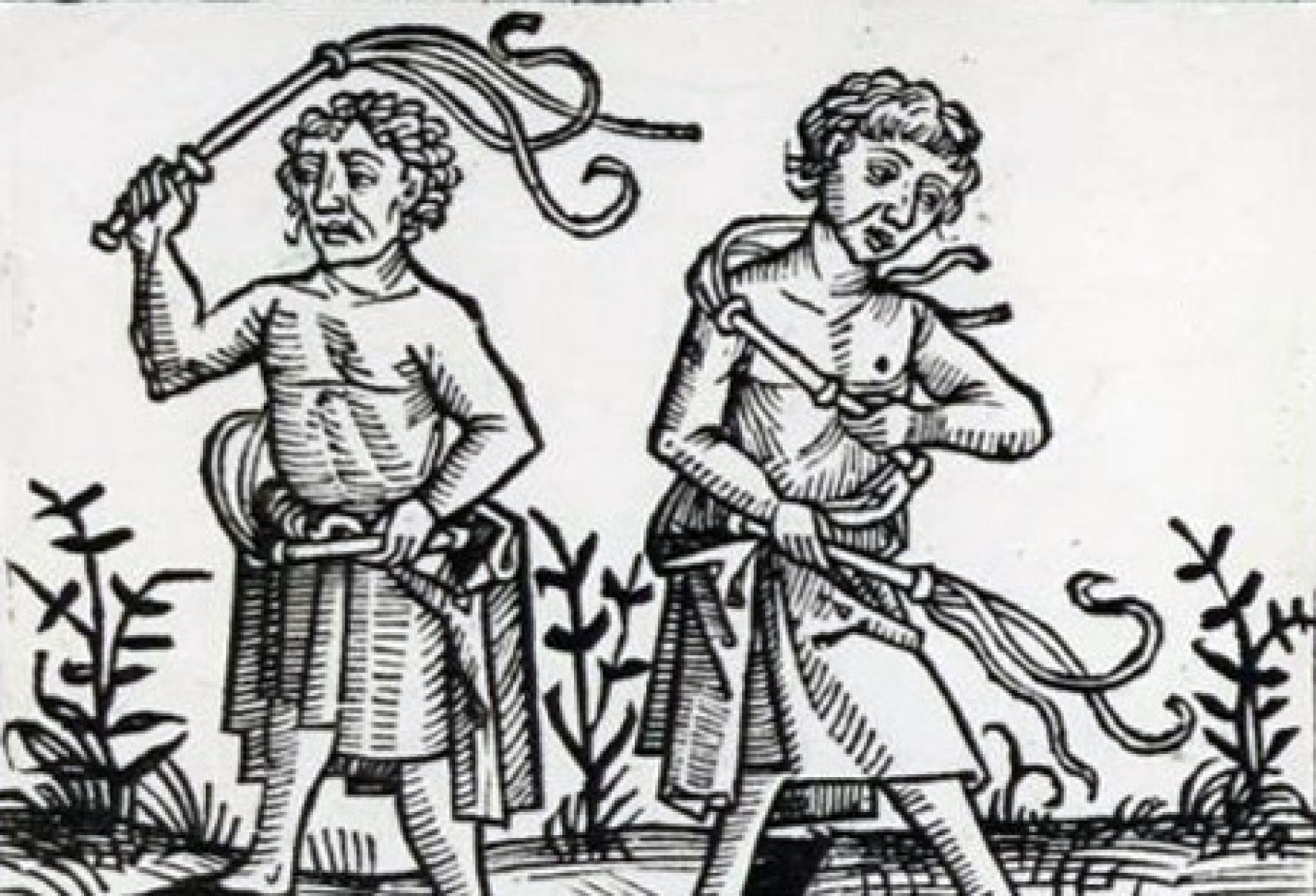 Grabado del siglo XV que muestra a dos flagelantes.